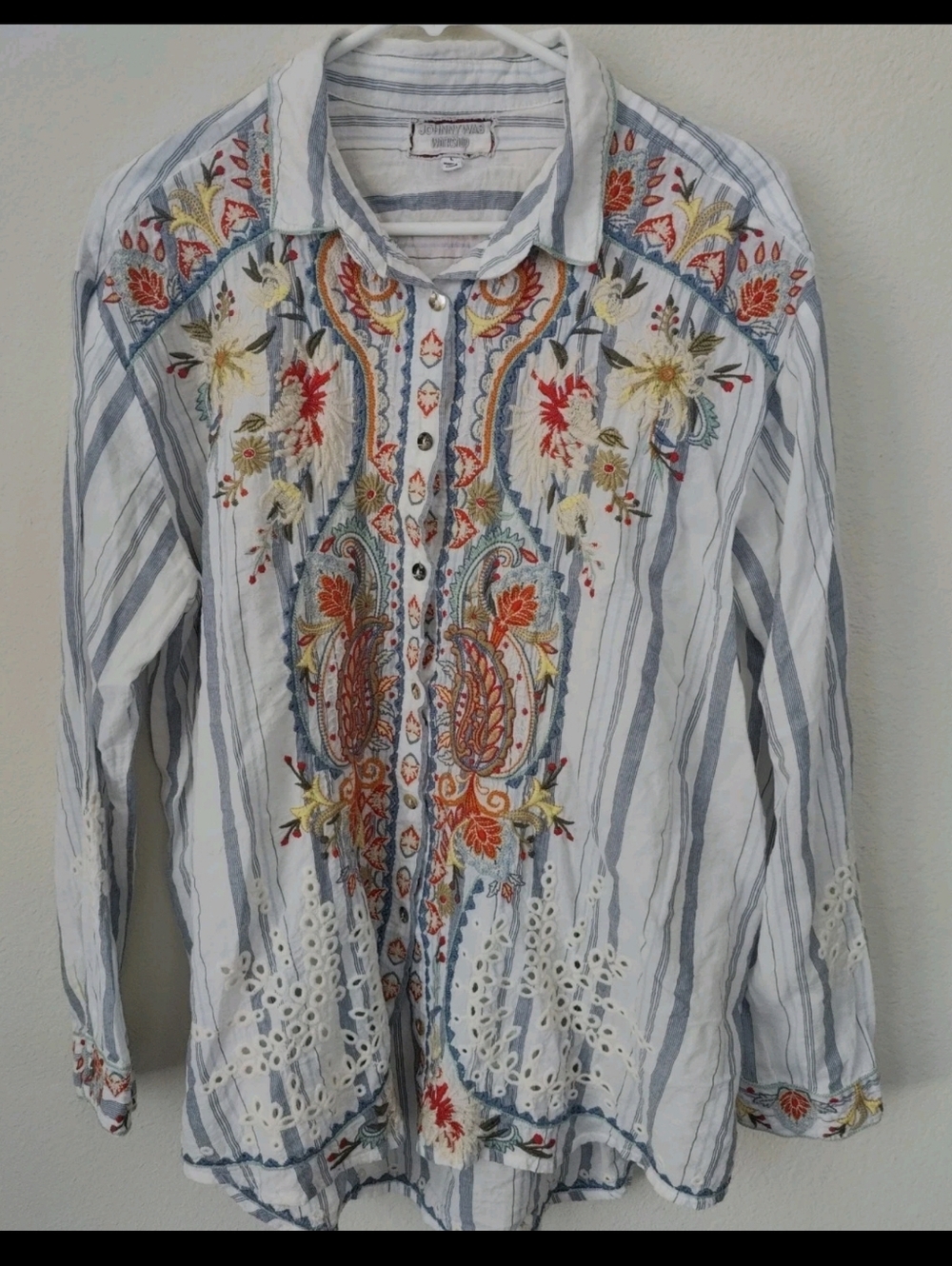 Johnny Was Workshop Embroidered Striped Shirt Buttons Size L
